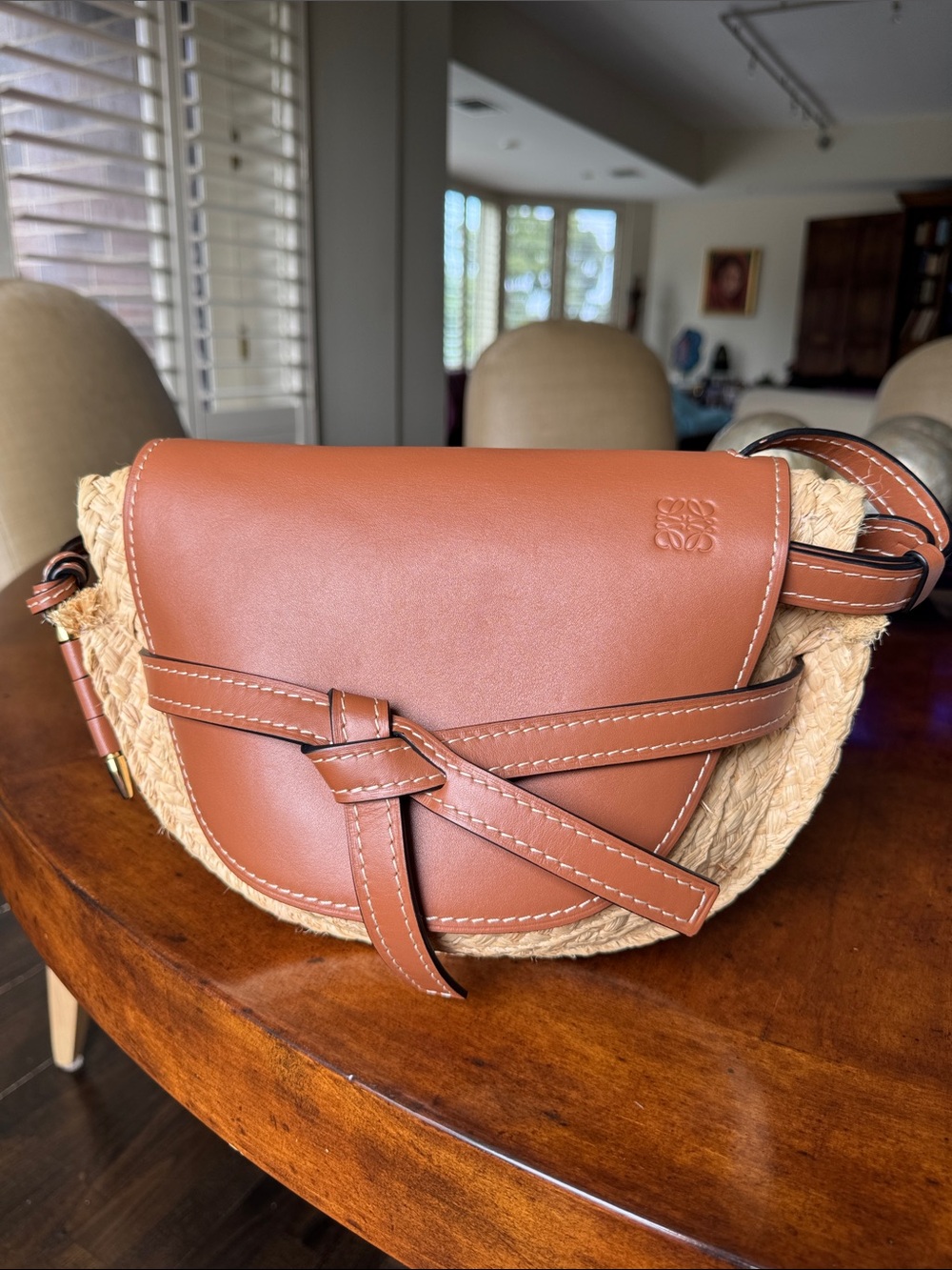 Pre-loved Loewe Gate Raffia Brown Leather Crossbody Bag